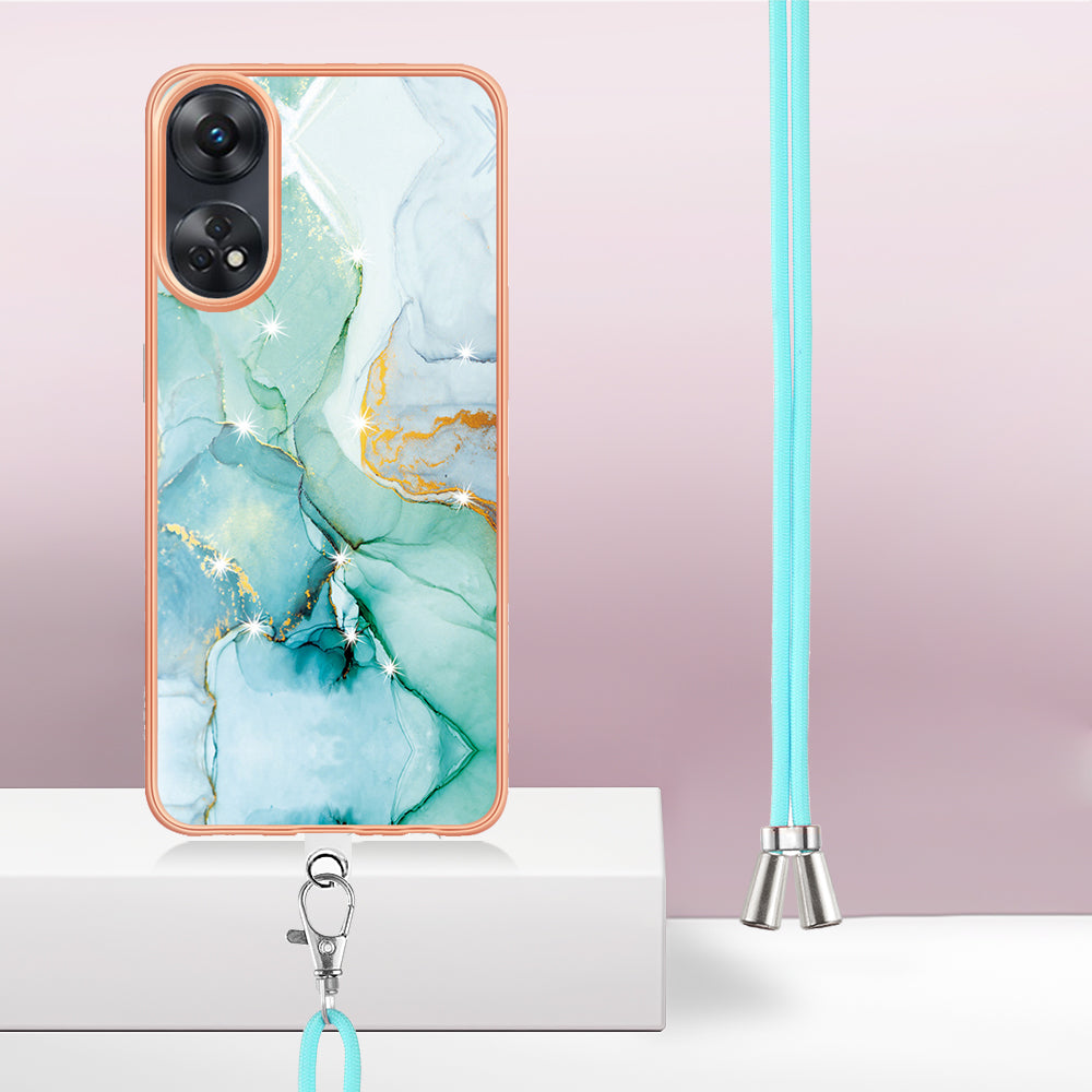YB IMD Series-9 Electroplated TPU Cover for Oppo Reno8 T 4G Marble Pattern IMD Phone Case with Lanyard - Green 003 YB IMD Series-9 Electroplated TPU Cover for Oppo Reno8 T 4G Marble Pattern IMD Phone Case with Lanyard - Green 003